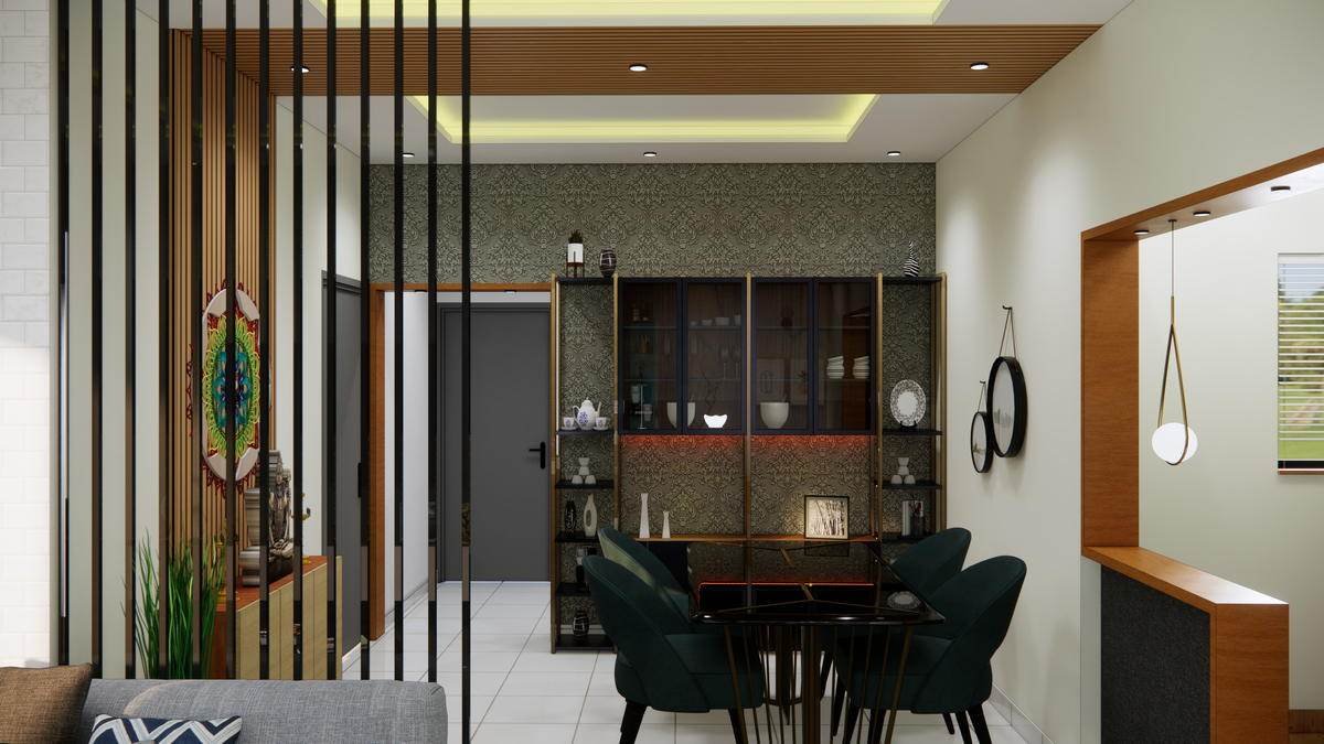 Dining, divided from the living by a slatted screen rather than a wall.