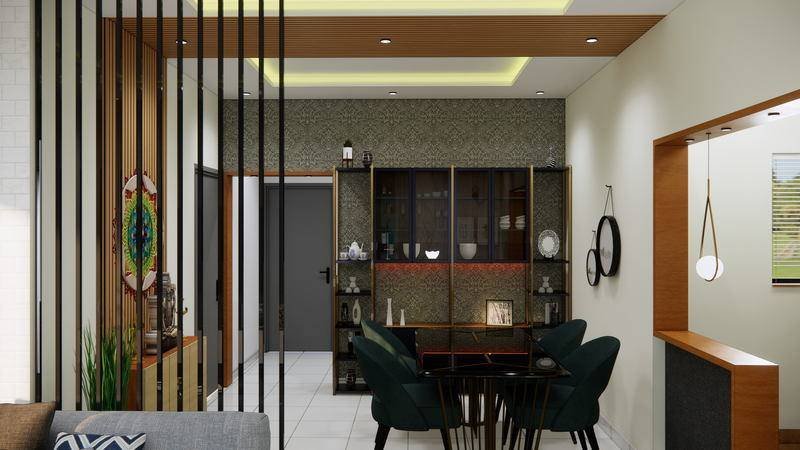 Dining, divided from the living by a slatted screen rather than a wall.