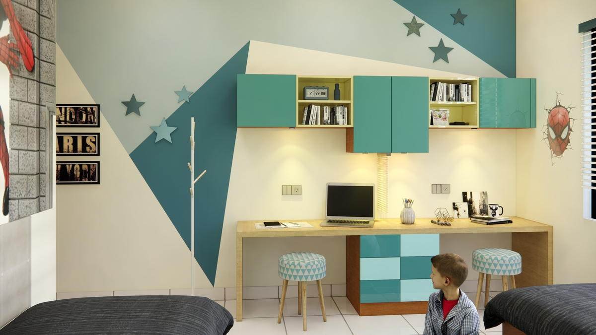 The children’s room — two desks and the storage above them, drawn as one piece.