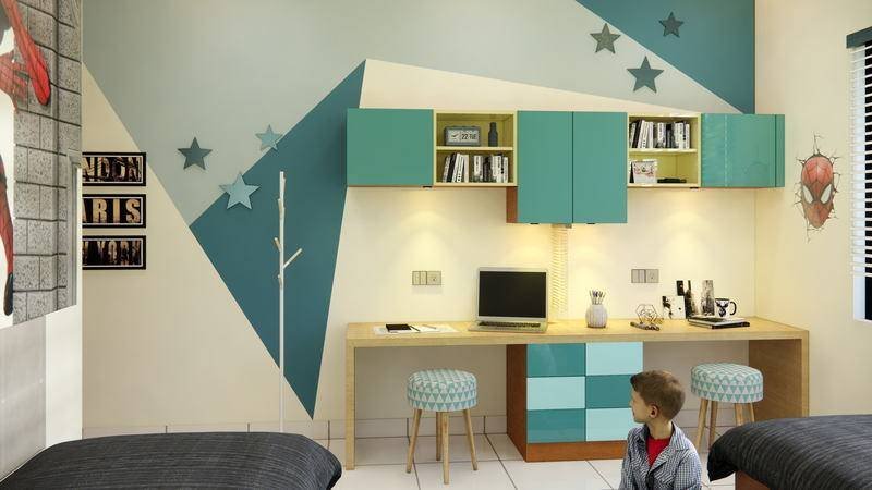 The children’s room — two desks and the storage above them, drawn as one piece.