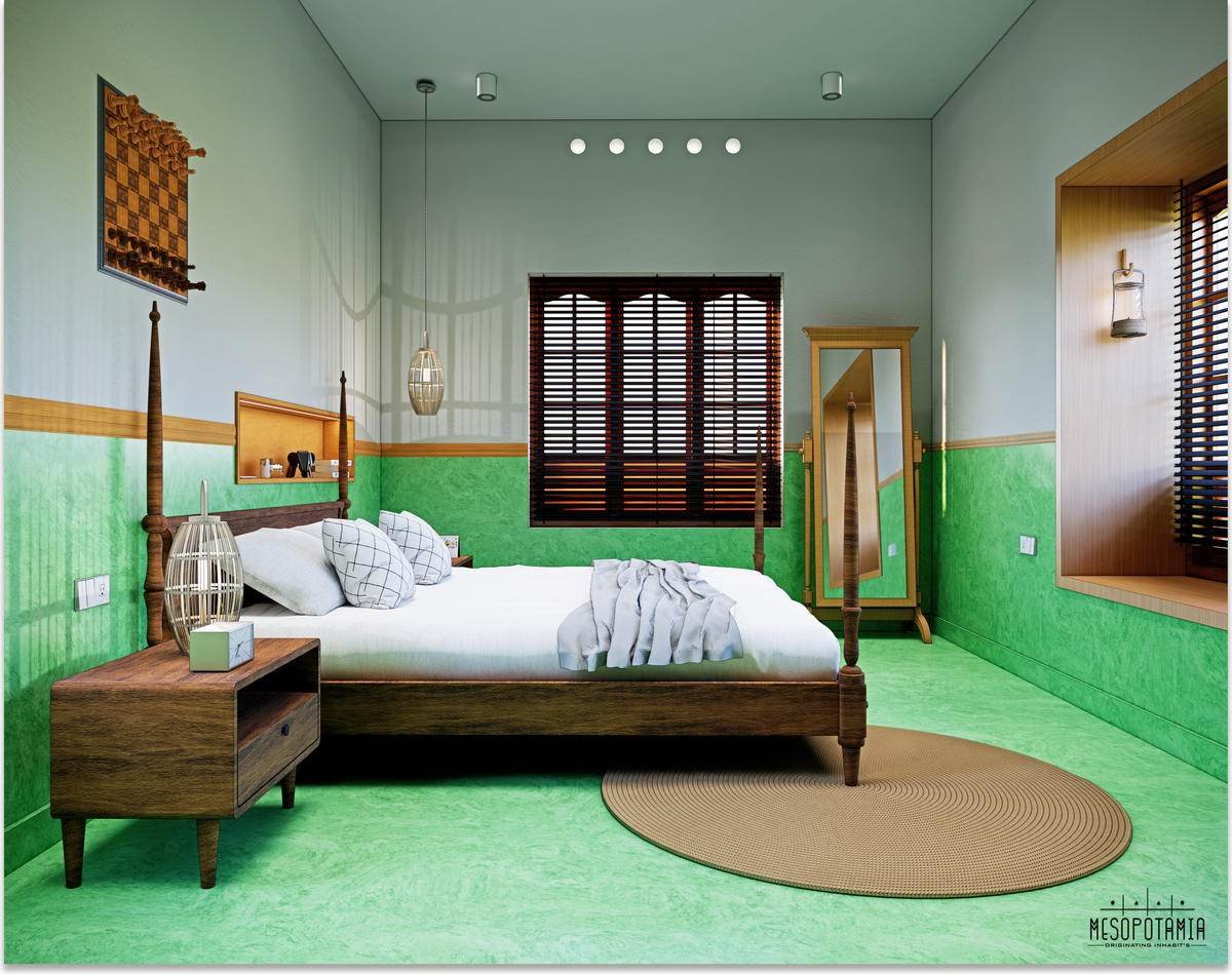 A bedroom in green and timber, with the colour taken to shoulder height.