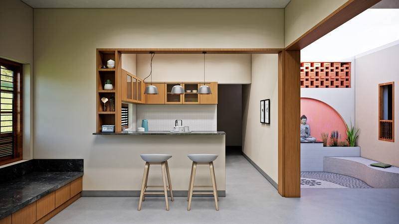 The kitchen opens straight to the court rather than closing off from it.