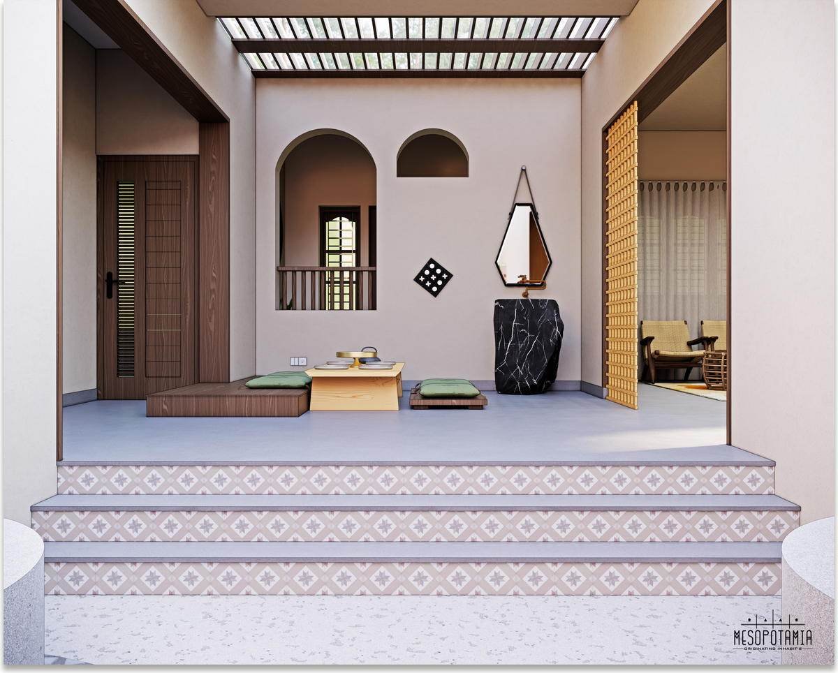 A raised, tiled platform where the house steps up to the quieter rooms.
