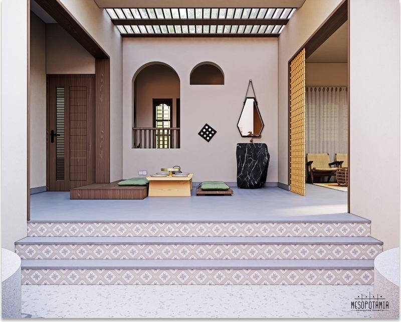 A raised, tiled platform where the house steps up to the quieter rooms.
