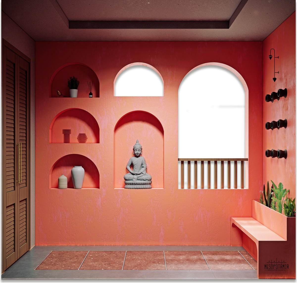 Arched niches cut into the wall, with a bench to either side of the window.