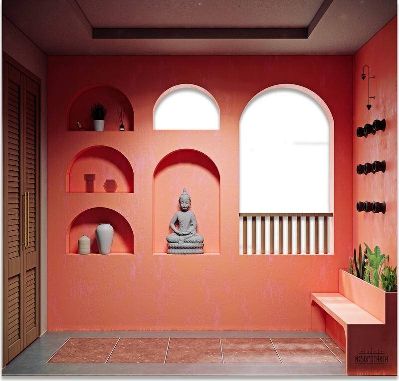 Stone, planting and a seated figure under a brick screen — with terracotta and green carrying the rooms.