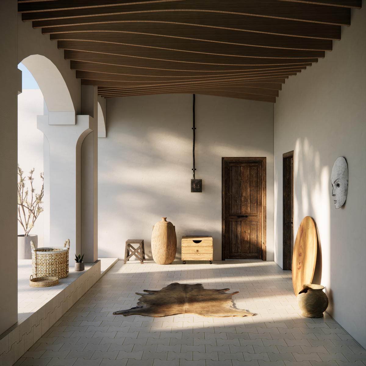 A shaded verandah under a slatted timber ceiling, opening to an arched court