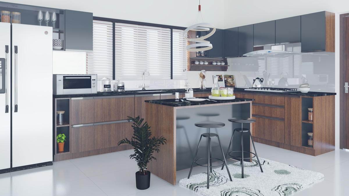 The island, open to the room rather than closed behind a wall.