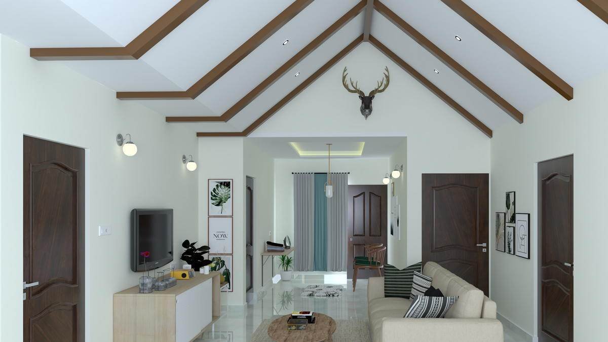 A living room under an exposed timber roof