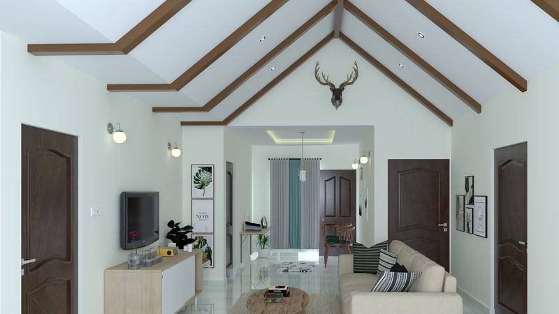 One open room under an exposed timber roof, and a kitchen that belongs to it.