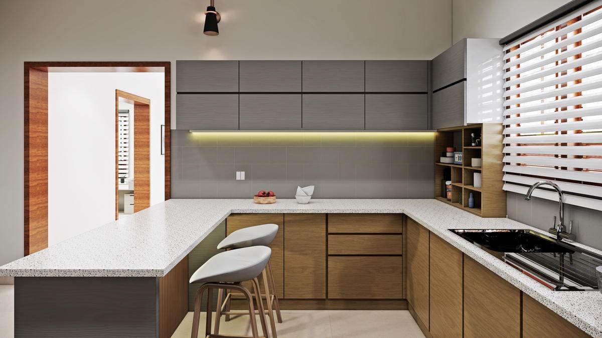 The island, with the counter wrapped in timber.