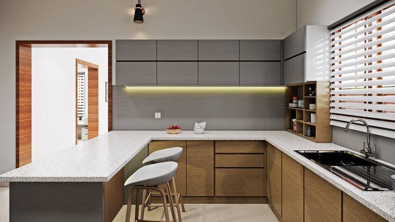 The island, with the counter wrapped in timber.
