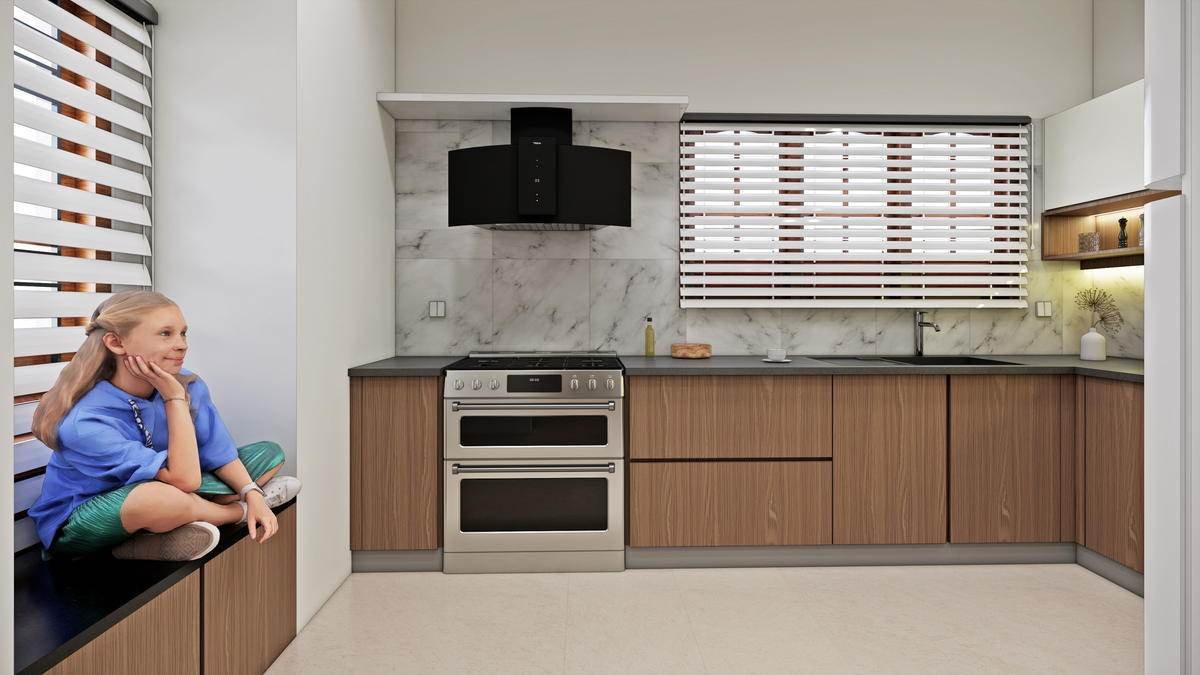 A window seat at the end of the kitchen.