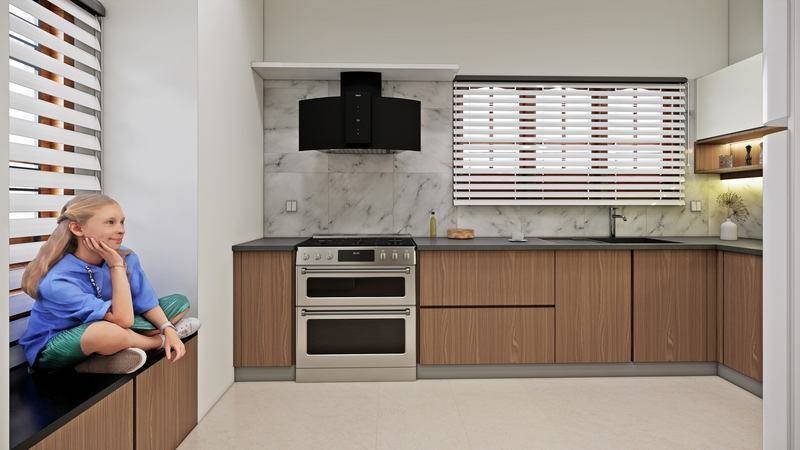 A window seat at the end of the kitchen.
