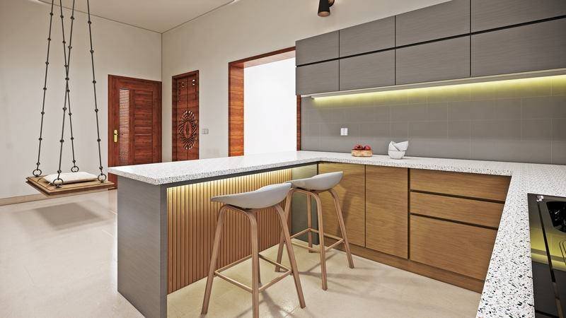 An island kitchen, a swing in the old position, and a prayer niche given its own wall.