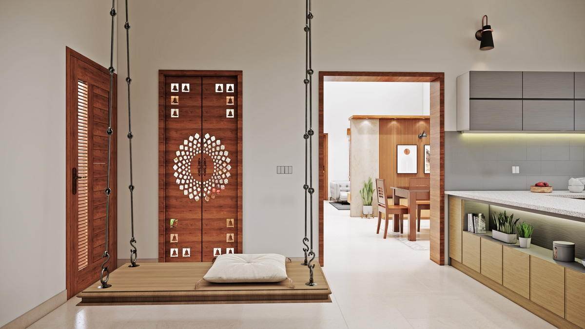 Timber and grey through the public rooms, with a carved screen and a stone plinth where it matters.