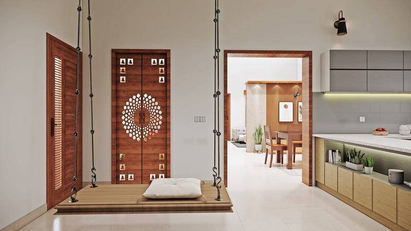 Timber and grey through the public rooms, with a carved screen and a stone plinth where it matters.