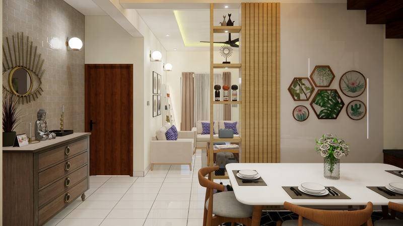 Dining, with storage in the thickness of the wall.