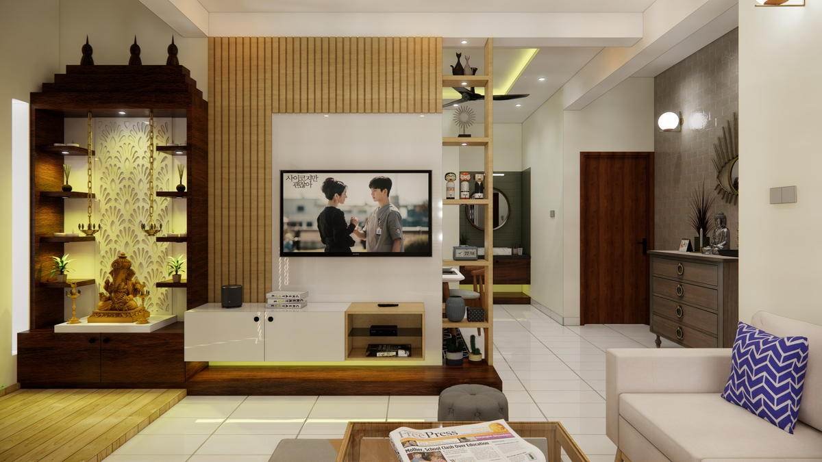 The living room, with the prayer unit built into the joinery wall.