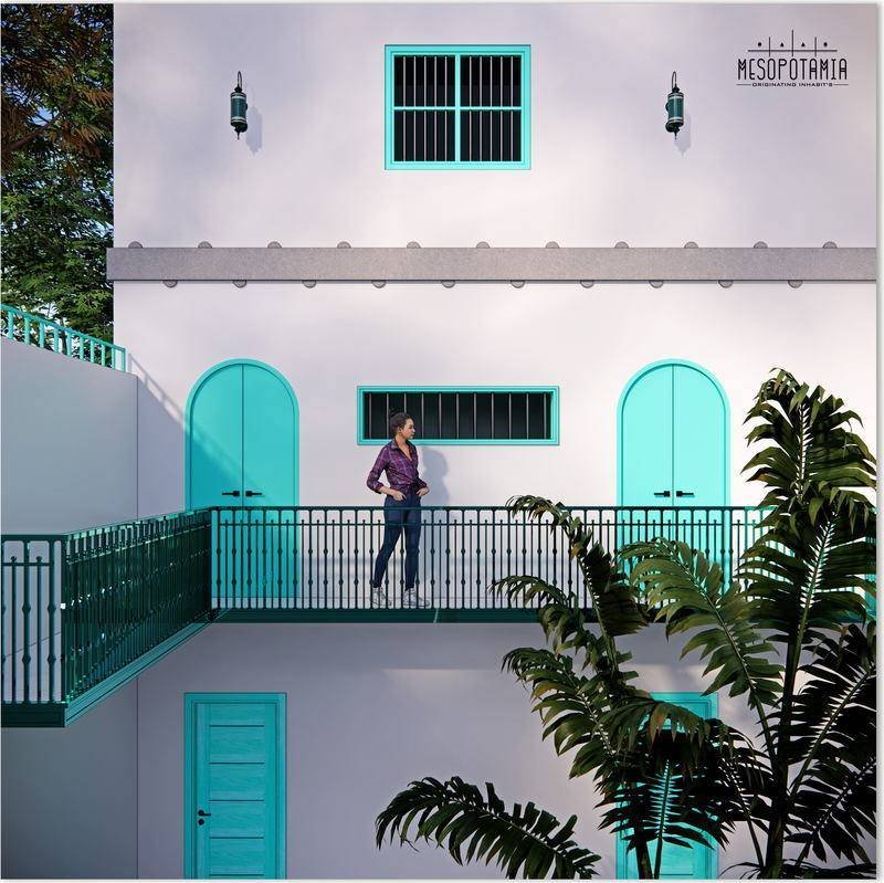 A turquoise balcony and shutters against a white wall