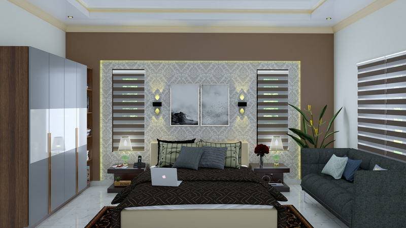 A bedroom with a panelled headboard wall