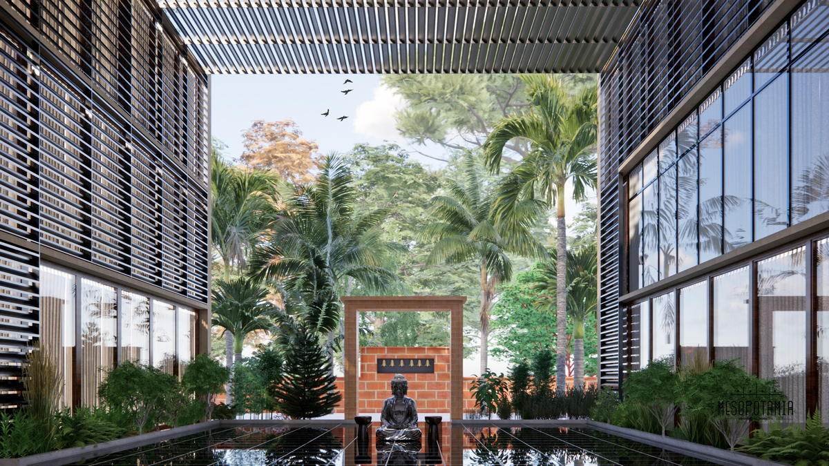 A water court behind a timber screen, open to the trees