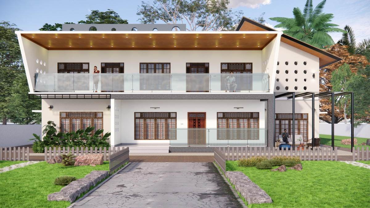 A two-storey house with a deep brise-soleil over the upper floor
