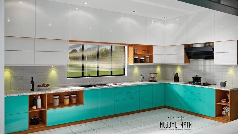 A kitchen in teal with open timber shelving