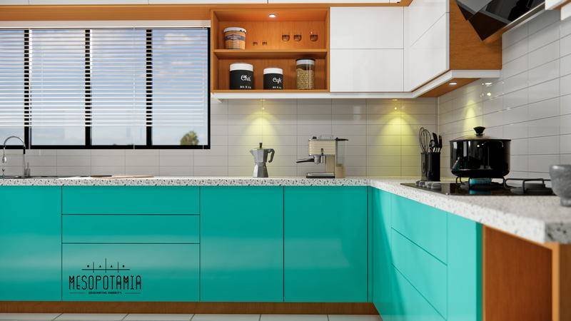 A teal and timber kitchen under a slatted window
