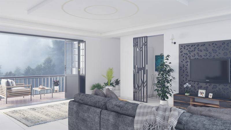 A living room opening to a long balcony