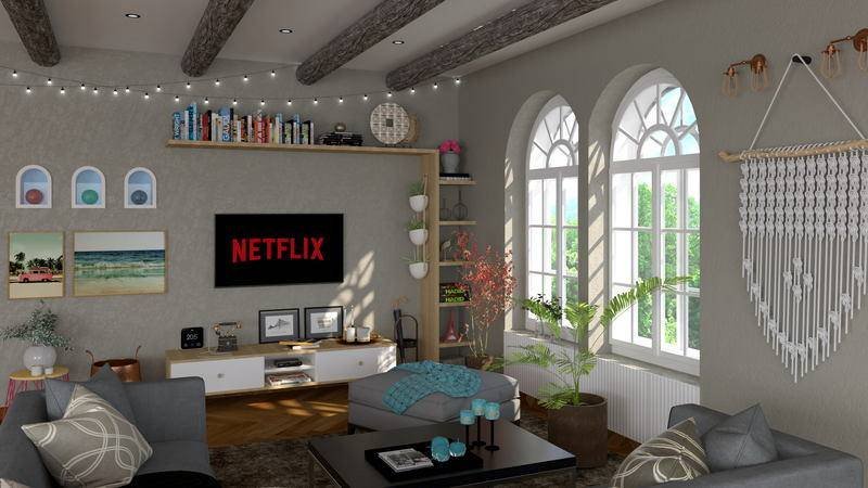 A living room under arched windows with a macrame hanging