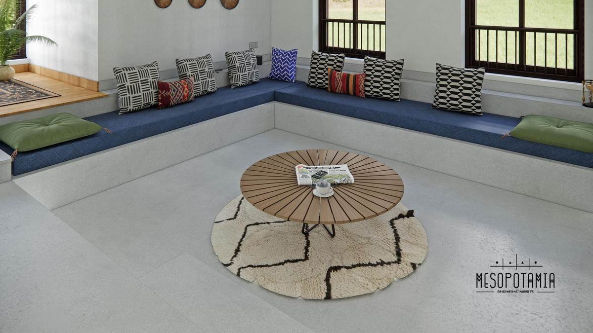 A sunken seating ring around a low table