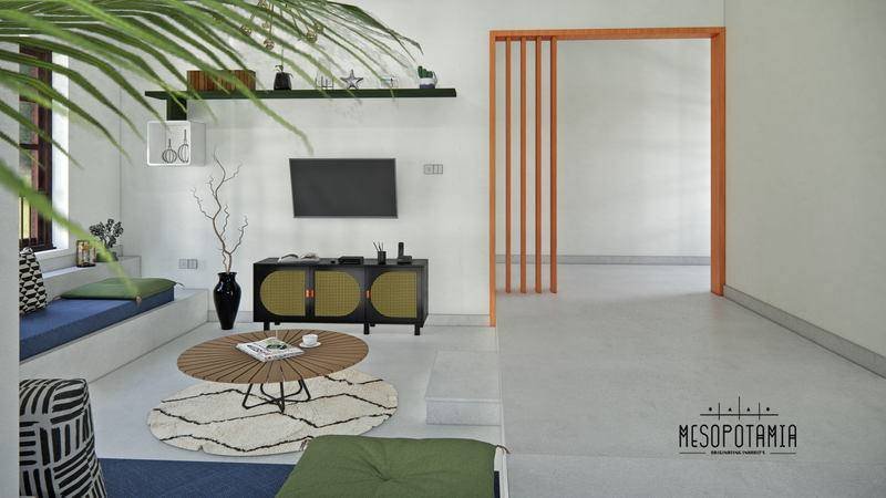 A living room divided by an orange frame rather than a wall
