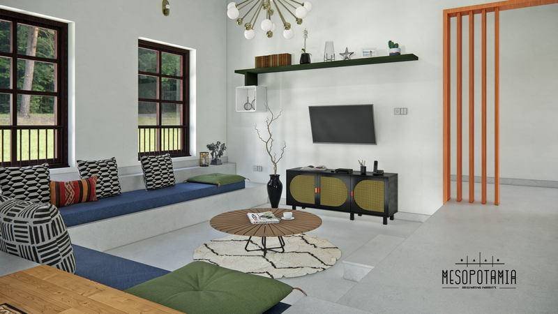 Low seating and a green bolster along the window