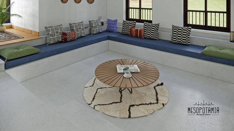 A sunken seating ring around a low table