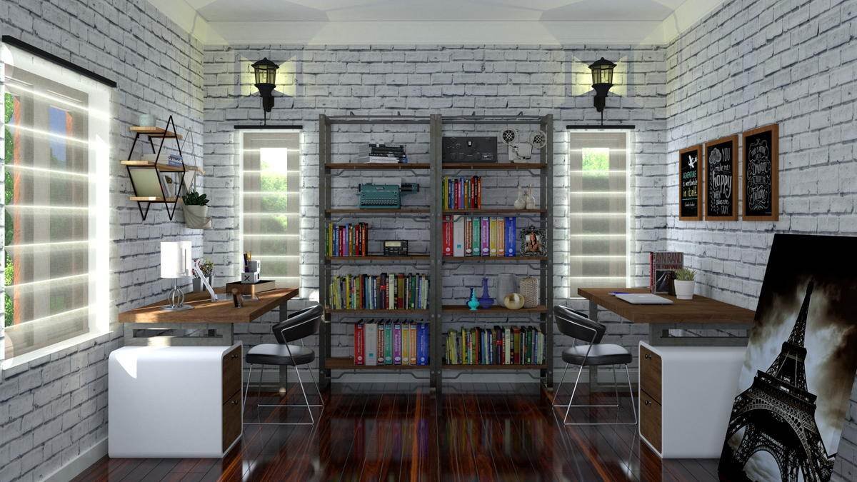 A study with a brick wall and a full-height bookcase