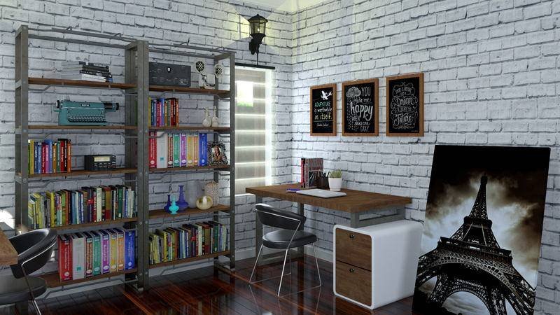 Steel shelving carried the full height of the room