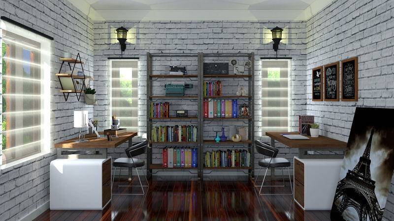 A study with a brick wall and a full-height bookcase